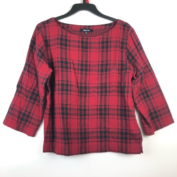 Madewell Top Herald Tee Curtis Small Plaid Cropped Boat Neck - Picture 1 of 7
